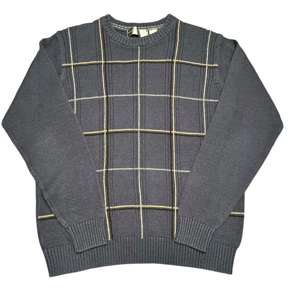 Oscar de la Renta Blue/Yellow/White Windowpane Front Crewneck Sweater Size L